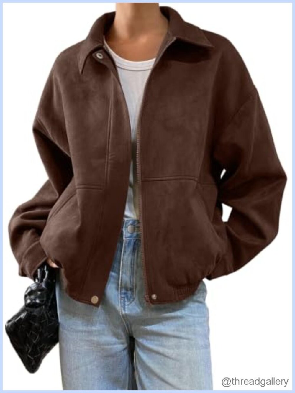 Faux Suede Bomber Jacket Oversized Zip Up Cropped Coat